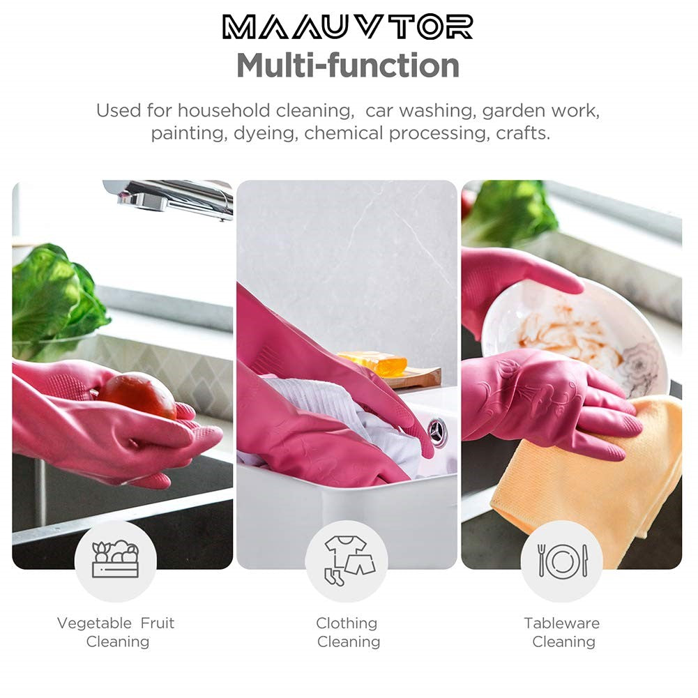 Dishwashing Cleaning Gloves Waterproof Reusable Long Elbow Hand Gloves Latex-Free Household Kitchen Gloves for Laundry, Working, Gardening, Sanitation and Lab Work (Flower Pink)