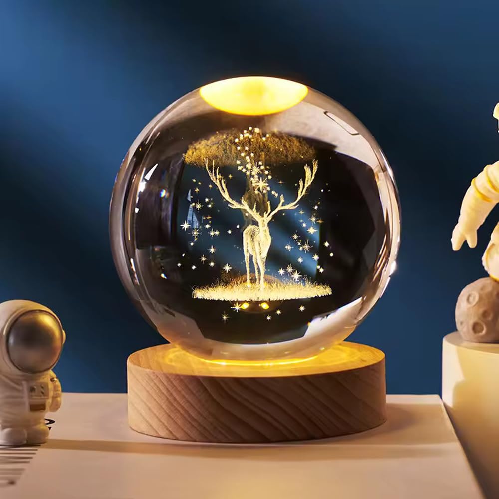 3D Engraved Deer Crystal Globe Lamp | USB LED Night Light with Wooden Base | Creative 6 cm Crystal Ball Table Lamp for Bedroom, Home, Office Décor & Gifting
