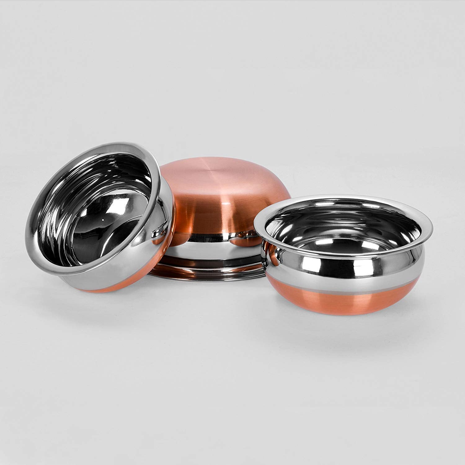 Stainless Steel Copper Bottom Cooking Serving Pot Biryani Handi Punjabi Handi - 3 Pcs Set