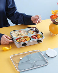 Lunch Box Sealed Leakage Proof Stainless Steel Lunch Box with Fork Chopstick&Spoon Lid Office Food Container for School Kids and Adults 750ml (4 Compartment)