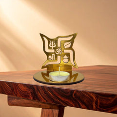 4 pieces Red and Golden MDF Wooden Om Shadow Decorative Tea Light Candle Holder