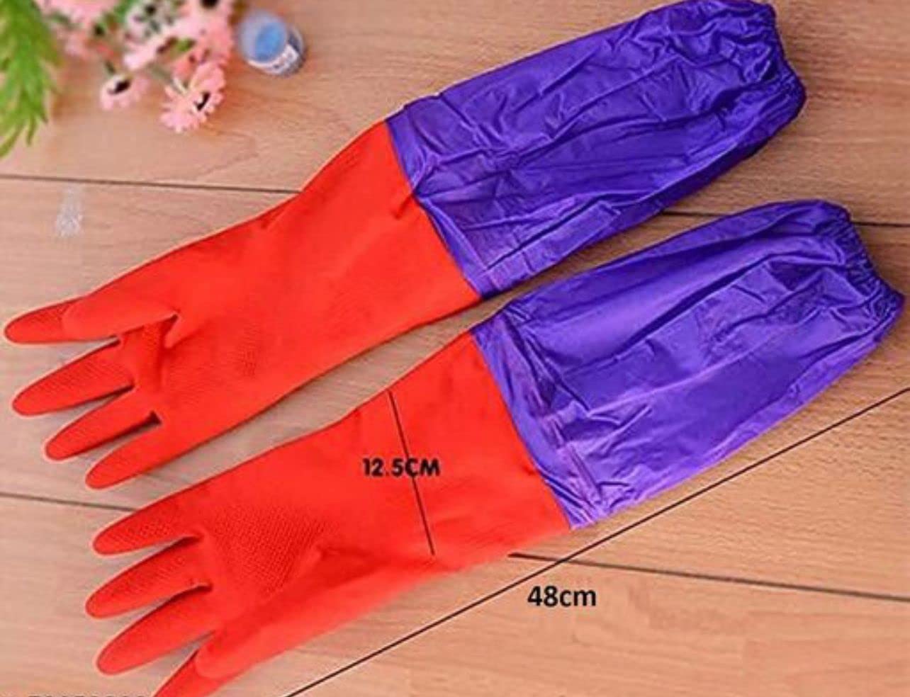 Reusable Rubber Latex PVC Flock lined Long Sleeves elbow length Hand Gloves for Kitchen Dish-Washing, Cleaning, Gardening, Laundry and Sanitation and Lab Work ( Red Long Elbow)