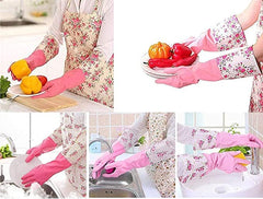 Reusable Rubber Latex PVC Flock lined Long Sleeves elbow length Hand Gloves for Kitchen Dish-Washing, Cleaning, Gardening, Laundry and Sanitation and Lab Work (Pink & Green)