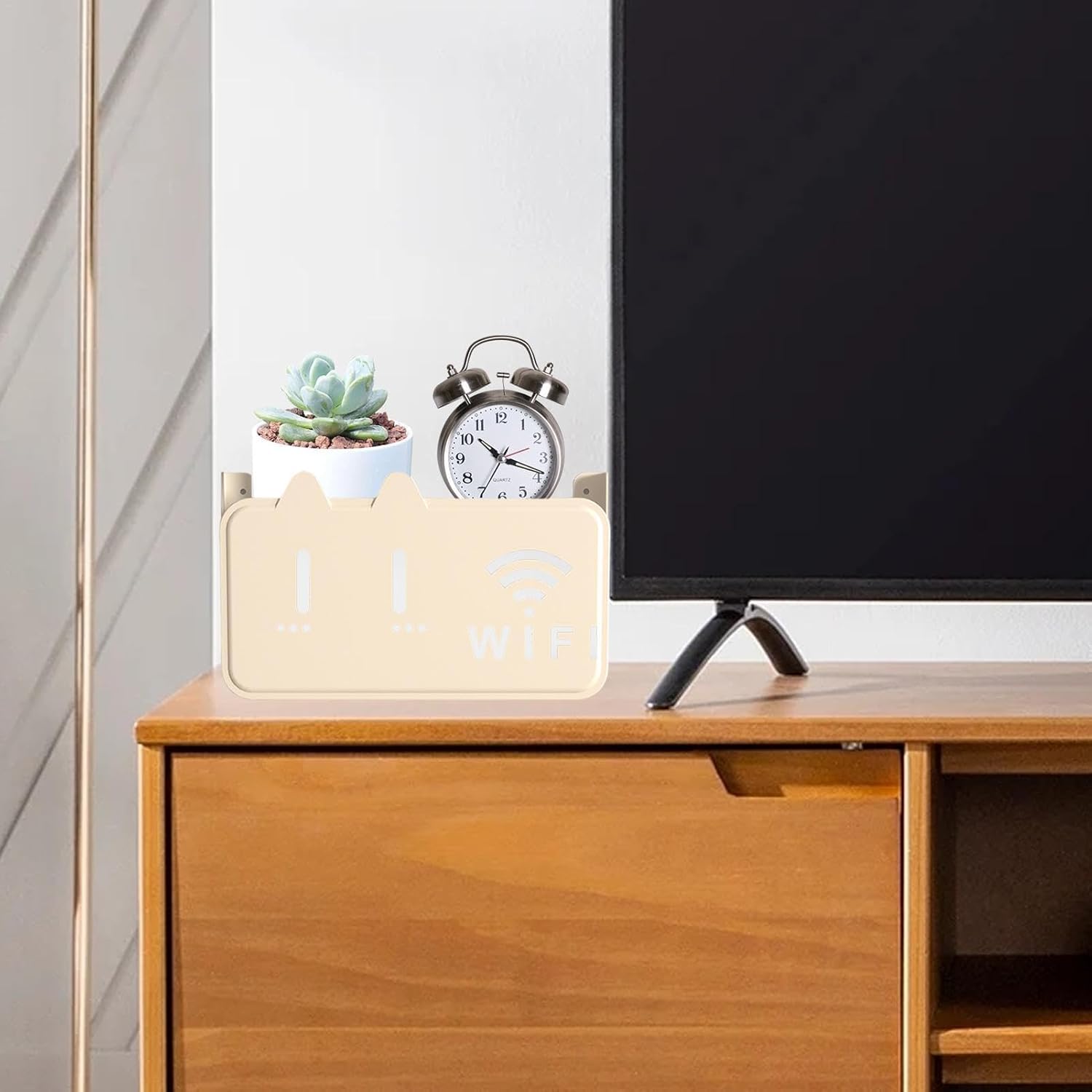 WiFi Router Shelf Storage Box, Wall Mount WiFi Router Stand Set Top Box Streaming Media Equipment Case, Set Top Box Shelf TV Wall Cabinet Living Room
