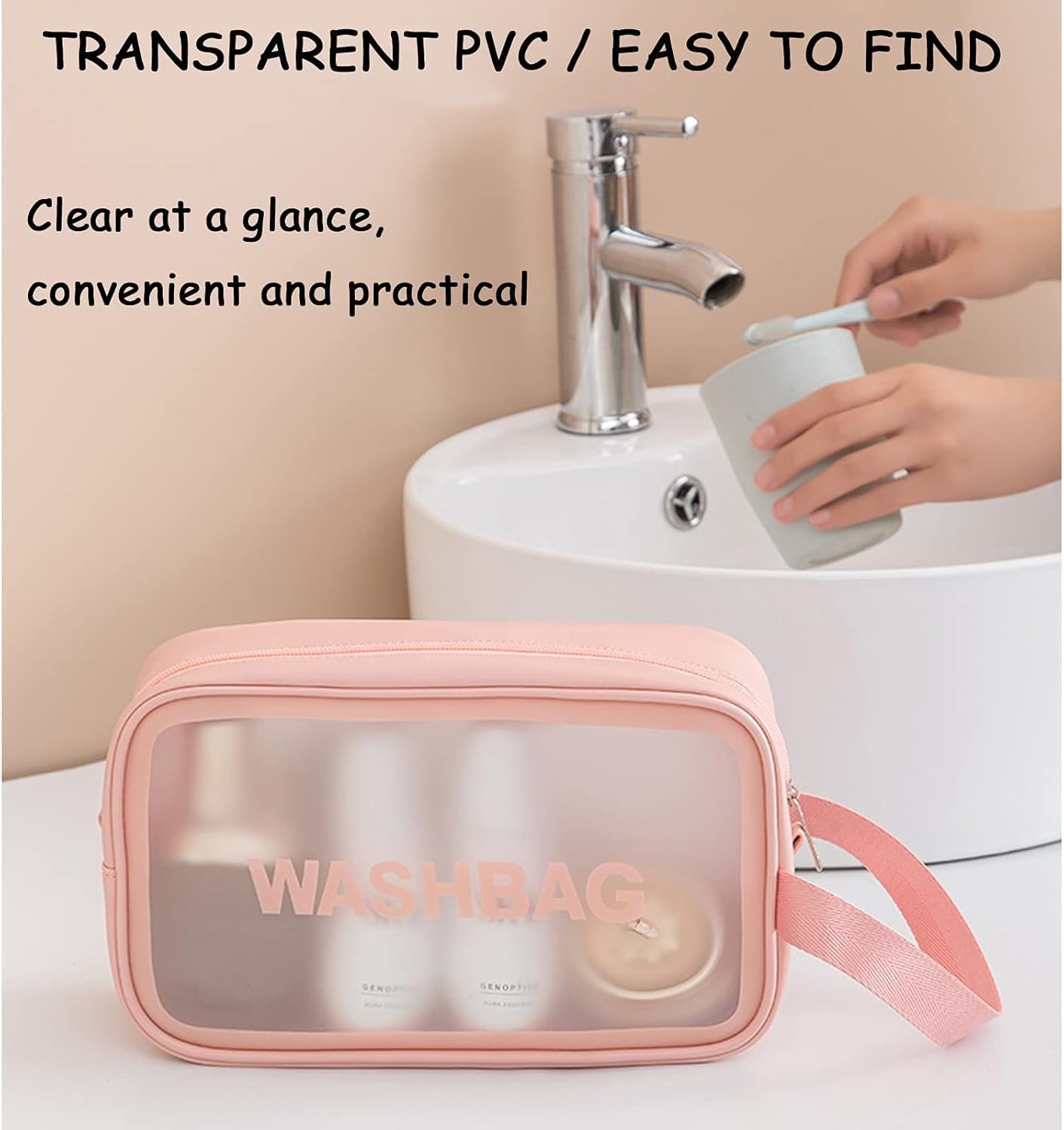Wash Bag Pouch for Travel Kit Toiletry Bag Cosmetic Bag Make Up Box for Brushes, Accessories with Handle, Large Capacity Translucent Waterproof Travel Storage Organizer Set of 3 (Pink)