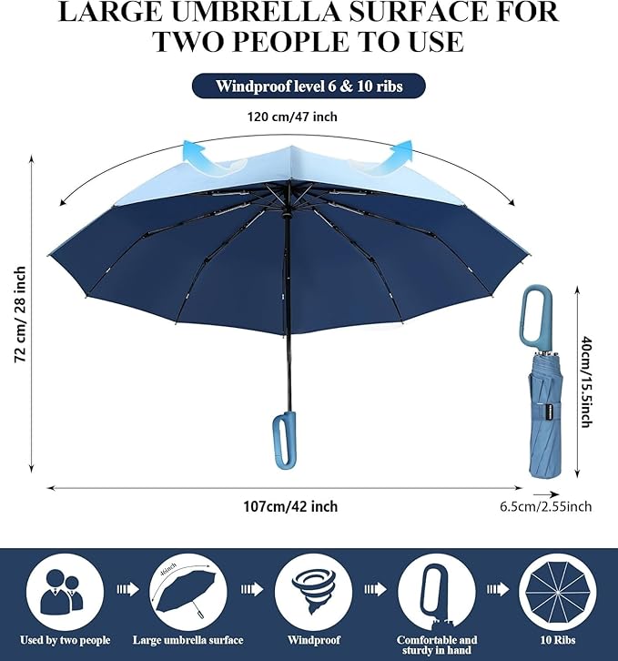 Umbrella for Men Women || Folding Umbrella With Carabiner Handle || 10 Reinforced Ribles || Windproof and Sunproof || Auto Umbrella Big Size for Men/Women/Kids (Sky)