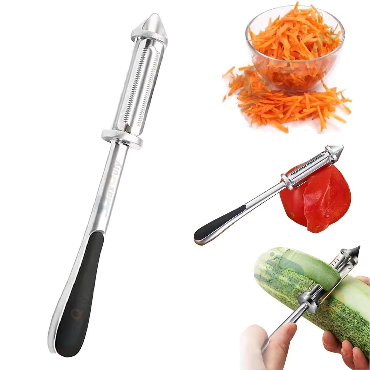 Stainless Steel Peeler for Vegetables and Fruits, 3 in 1 Peeler for Kitchen Multifunctional Double-Edged Julienne and Serrated Blades, Vegetable Peelers for Salad Preparation (Silver/Black)