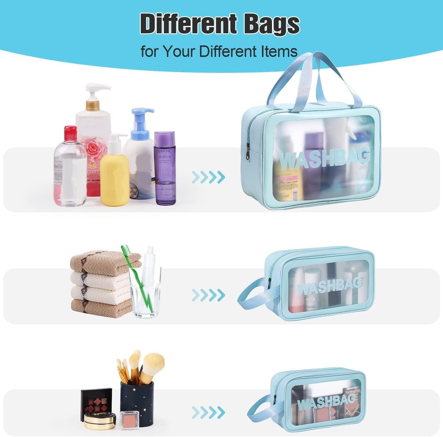 Wash Bag Pouch for Travel Kit Toiletry Bag Cosmetic Bag Make Up Box for Brushes,Accessories with Handle,Large Capacity Translucent Waterproof Travel Storage Organizer Set of 3(Sky Blue)
