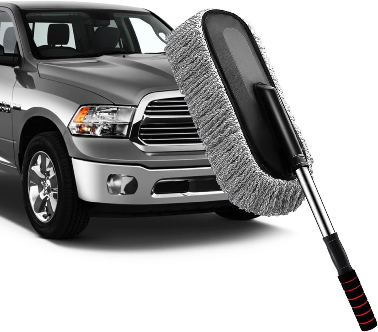 Soft Microfiber Car Duster Brush with Extendable Handle Wet & Dry Scratch Free Surface Cleaner Multipurpose Kitchen Vehicle Dust Cleaning Accessory (Big)