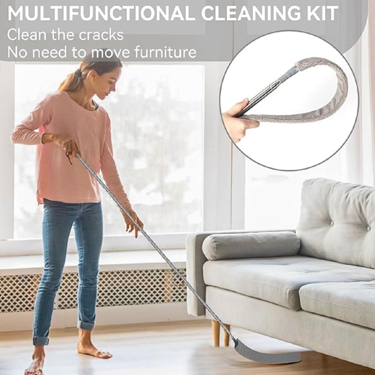 Gap Dust Cleaner Microfiber Duster for Bed Sofa High Ceilings Under Appliance Couch Fridge Furniture Cleaning Washable & Retractable Brush Stainless Steel Extension Long Handle Pole