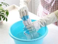 Reusable Heavy Duty Hand gloves for Dishwashing, gardening, kitchen cleaning Non-Slippery & Durable Long Elbow Length(Inner cotton lining for comfort) (Blue White Rubber Glove)