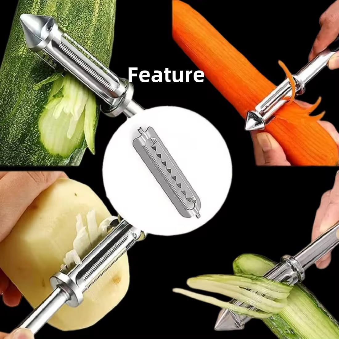 Stainless Steel Peeler for Vegetables and Fruits, 3 in 1 Peeler for Kitchen Multifunctional Double-Edged Julienne and Serrated Blades, Vegetable Peelers for Salad Preparation (Silver/Black)
