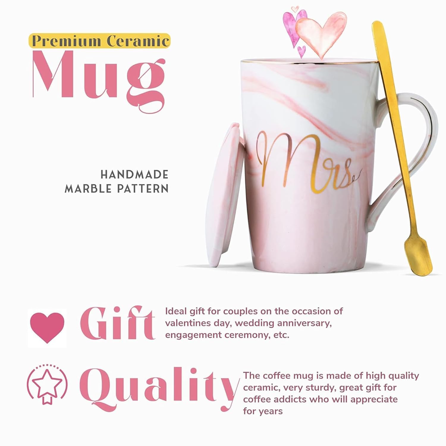Ceramic Marble Finish Coffee Mug With Lid & Spoon For Anniversary Wedding Engagement Valentine Gifts For Couple (400 ML)