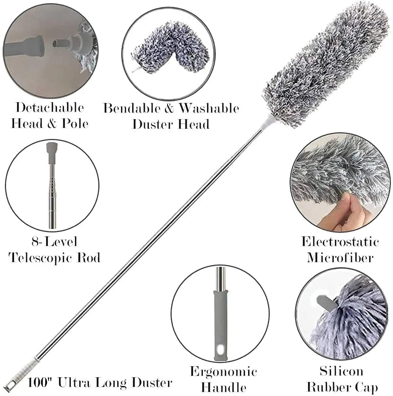 Microfiber Feather Duster Bendable & Extendable Fan Cleaning Duster with 100 inches Expandable Pole Handle Washable Duster for High Ceiling Fans,Window Blinds, Furniture