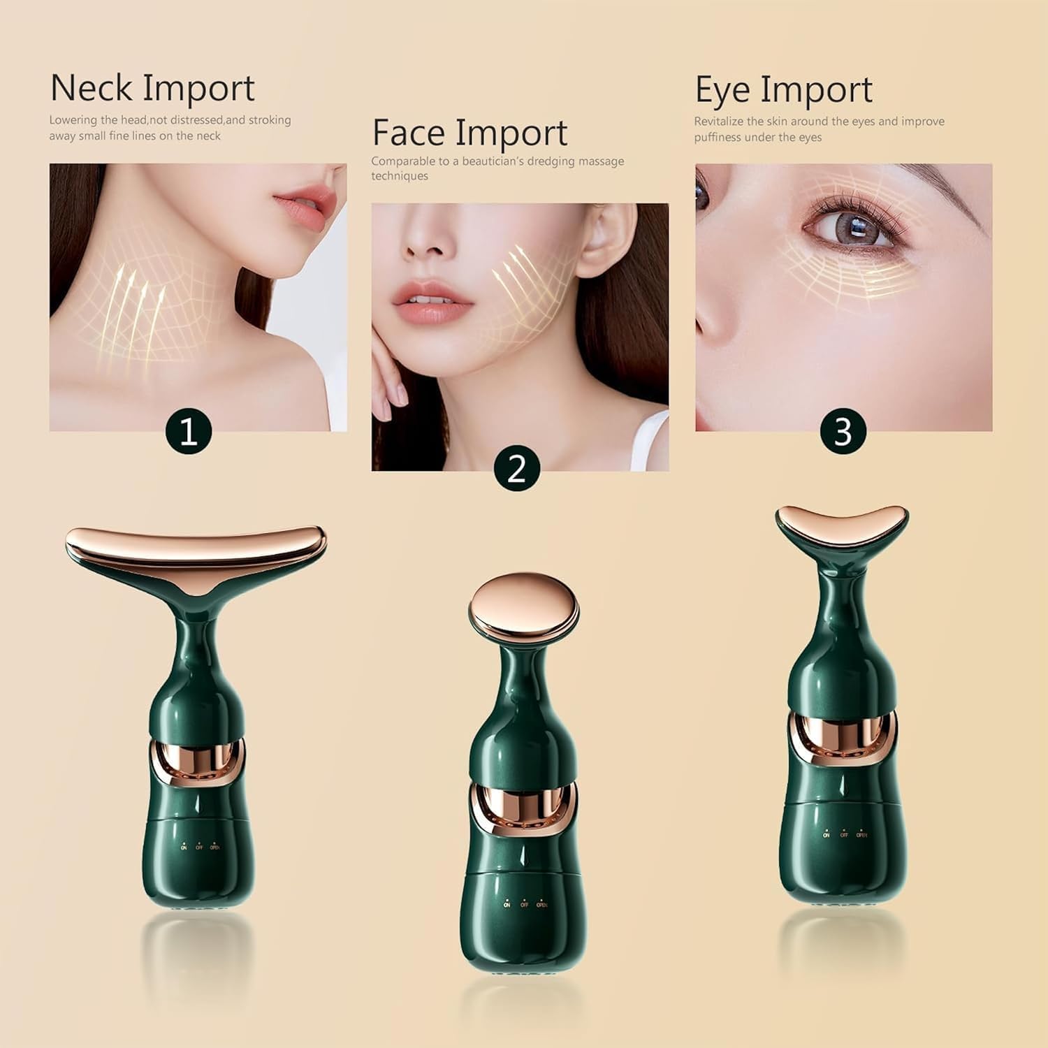 Facial Massager for Face and Neck, 3-in-1 Face Massager for Women, Anti Wrinkle & Aging Facial and Neck Massage Kit with 3 Massage Modes for Skin Care,Improve,Firm,Tightening and Smooth (Green)