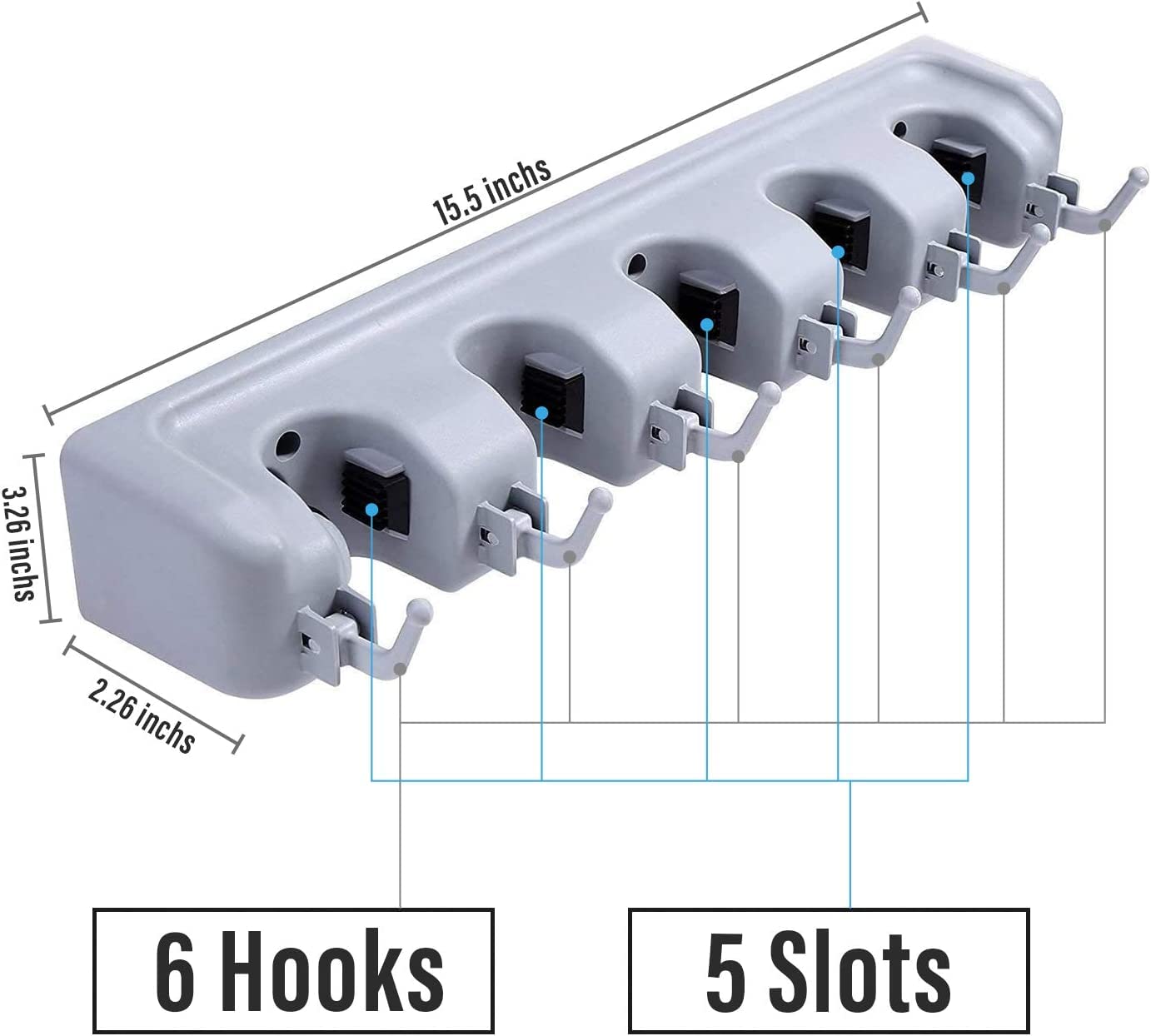 polypropylene broom holder wall mounted, jhadu mop and stick holder wall mount hanger stand storage organizer, broomstick, brooms, mops organizers for home, bathroom (5 Slot 6 Hooks)- Gray