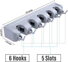 polypropylene broom holder wall mounted, jhadu mop and stick holder wall mount hanger stand storage organizer, broomstick, brooms, mops organizers for home, bathroom (5 Slot 6 Hooks)- Gray