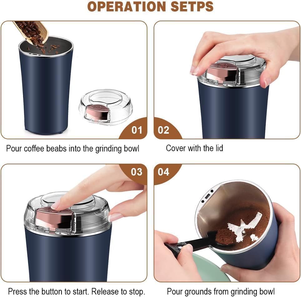 Portable Electric Coffee Grinder Spice & Coffee Bean Grinder Stainless Steel 4 Blade Mixer Grinder for Masala & Herb Push Button Control Durable Grinding Machine for Dry Item