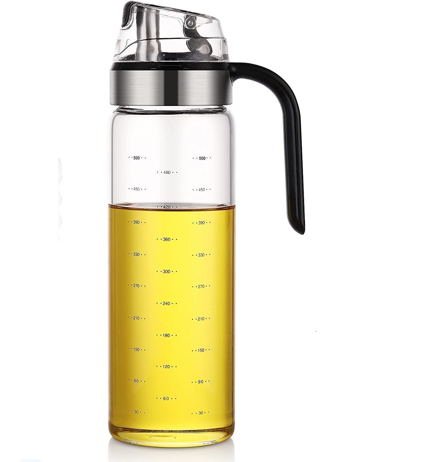 Effortless Pour 500ML Auto Flip Cooking Oil Bottle - Glass Cruet Dispenser with Non-Slip Handle for Olive Oil, Vinegar, Soy Sauce - Kitchen Essential (1 pcs)