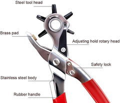 Punch Hole Pliers: Metal Hand Tool with Revolving Heavy-Duty Puncher for Leather Craft, Belts, Watch Bands, Bags, Dog Collars and Fabric (Revolving Punch)