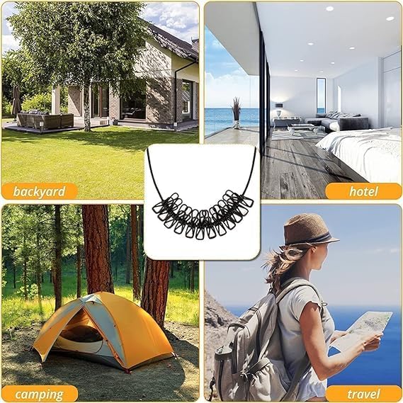 Portable Travel Clothesline, Adjustable Elastic Camping Windproof Retractable Clothes line with 12 PCS Clothespins for Outdoor and Indoor Use (1 PC)
