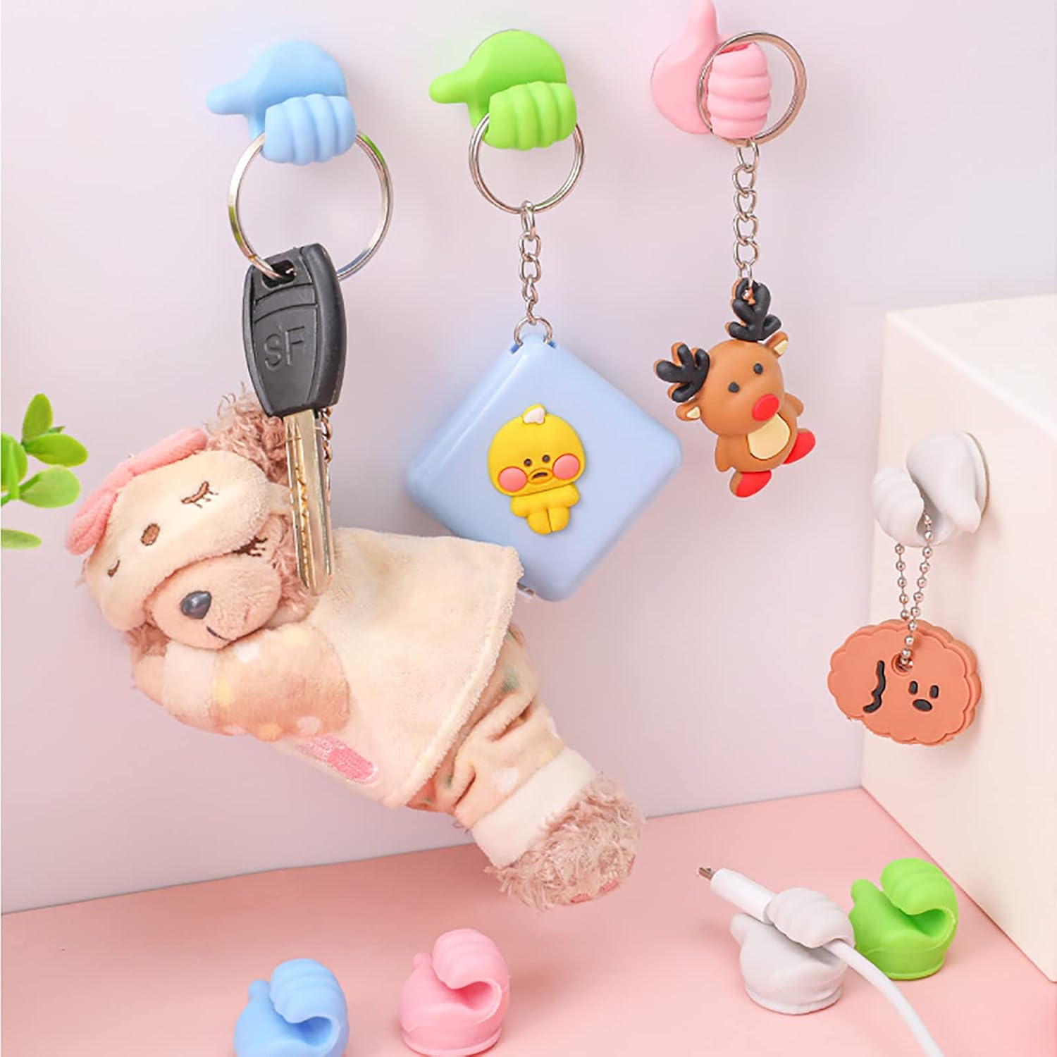 Self Adhesive Thumb Wall Hooks for Hanging Cable Organizer Clips No Punching Key Hook Holder Wall Hangers Multifunctional Utility Silicone Hooks Desk Wire Management, Random Color 12Pc