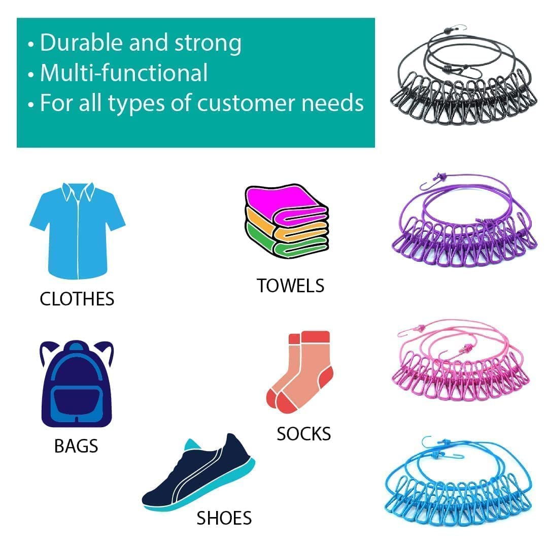 Portable Travel Clothesline, Adjustable Elastic Camping Windproof Retractable Clothes line with 12 PCS Clothespins for Outdoor and Indoor Use (1 PC)