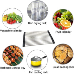 Foldable Roll Up 10 Pipe Dish Drying Rack Over The Sink Multipurpose Kitchen Counter Rolling up Stainless Steel Drainer for Cups, Utensils, Fruits, Vegetables