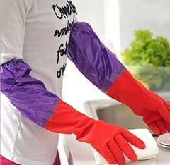 Reusable Rubber Latex PVC Flock lined Long Sleeves elbow length Hand Gloves for Kitchen Dish-Washing, Cleaning, Gardening, Laundry and Sanitation and Lab Work ( Red Long Elbow)