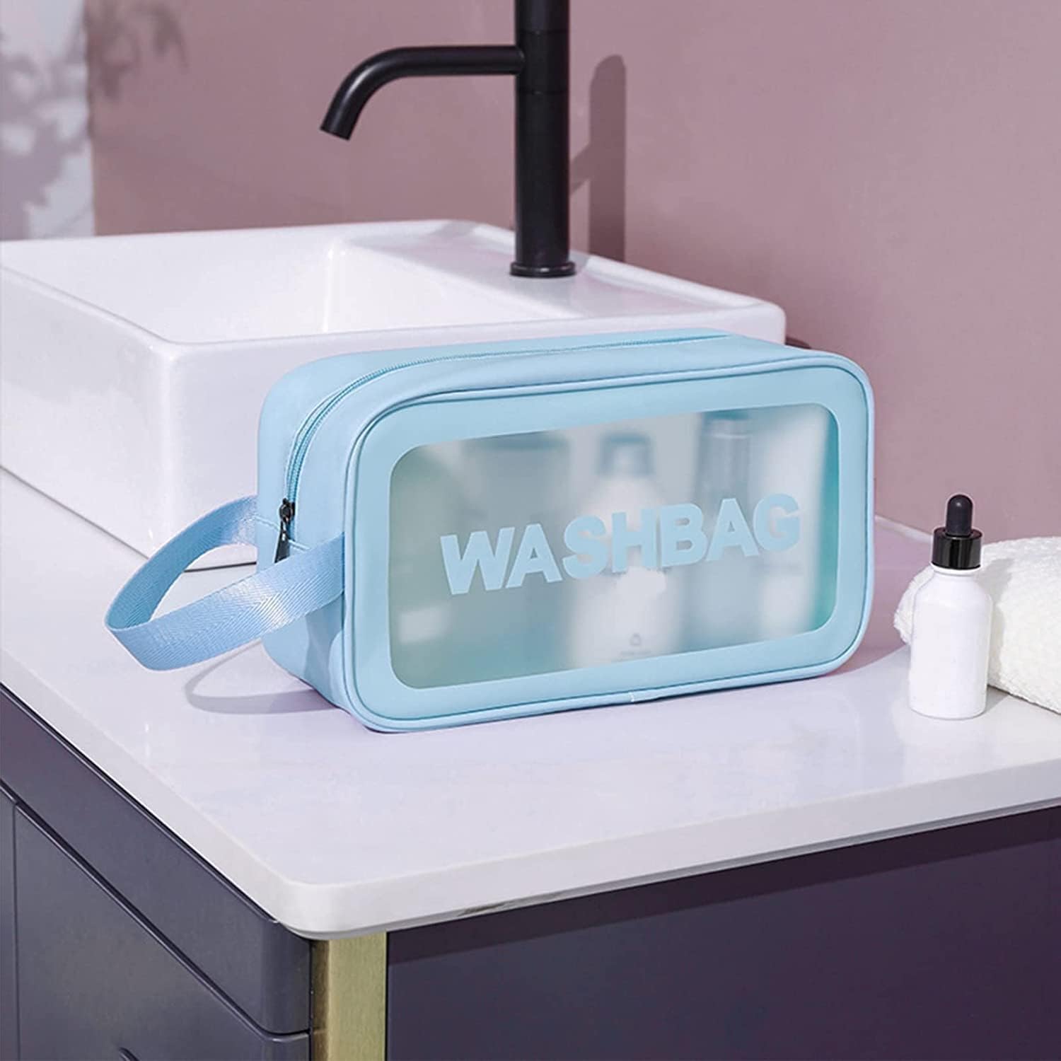 Wash Bag Pouch for Travel Kit Toiletry Bag Cosmetic Bag Make Up Box for Brushes,Accessories with Handle,Large Capacity Translucent Waterproof Travel Storage Organizer Set of 3(Sky Blue)