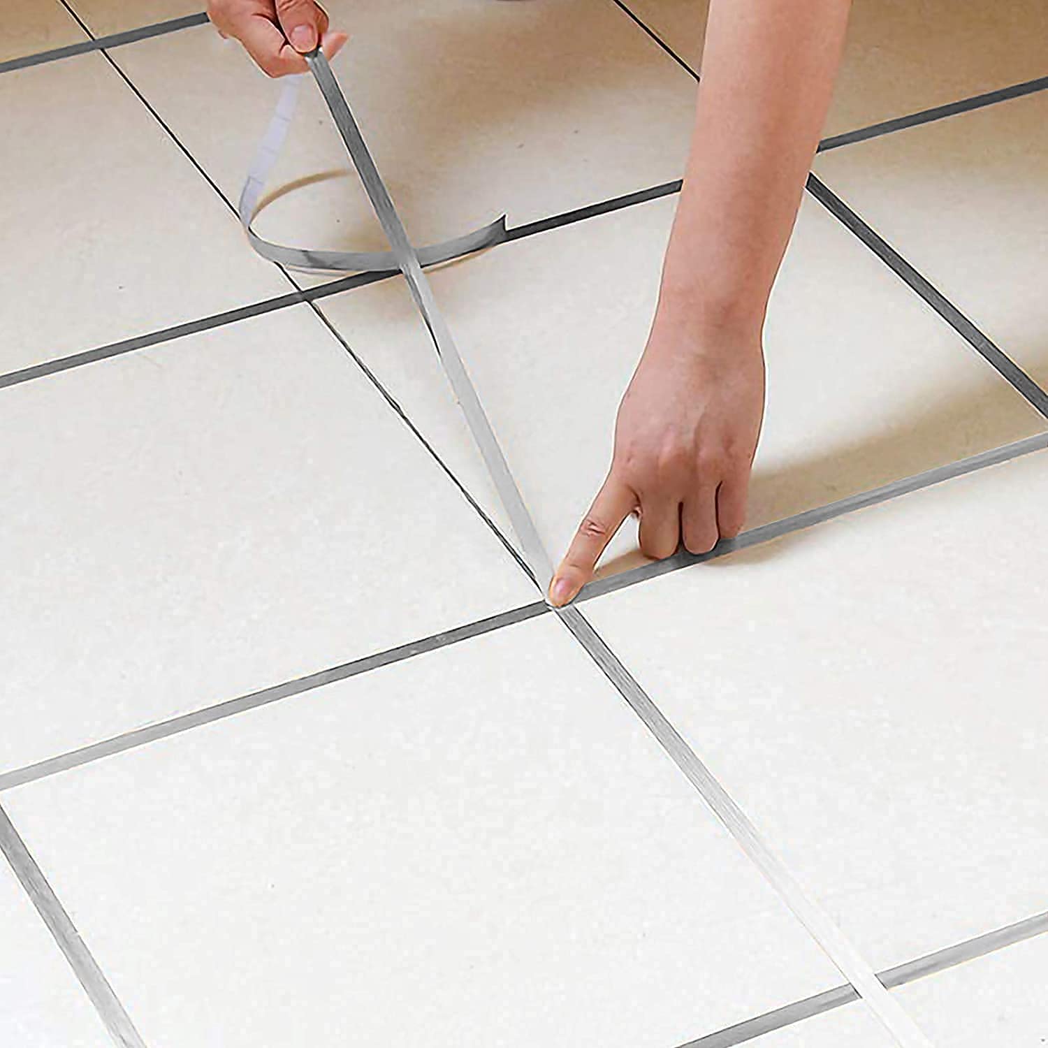 Tile Stickers Decorative Floor Wall Sticker Foil Line Peel and Stick Adhesive Waterproof Gap Cover for Kitchen Bathroom Living Room Bedroom (1pc Roll) Silver (1cm*50 miter)