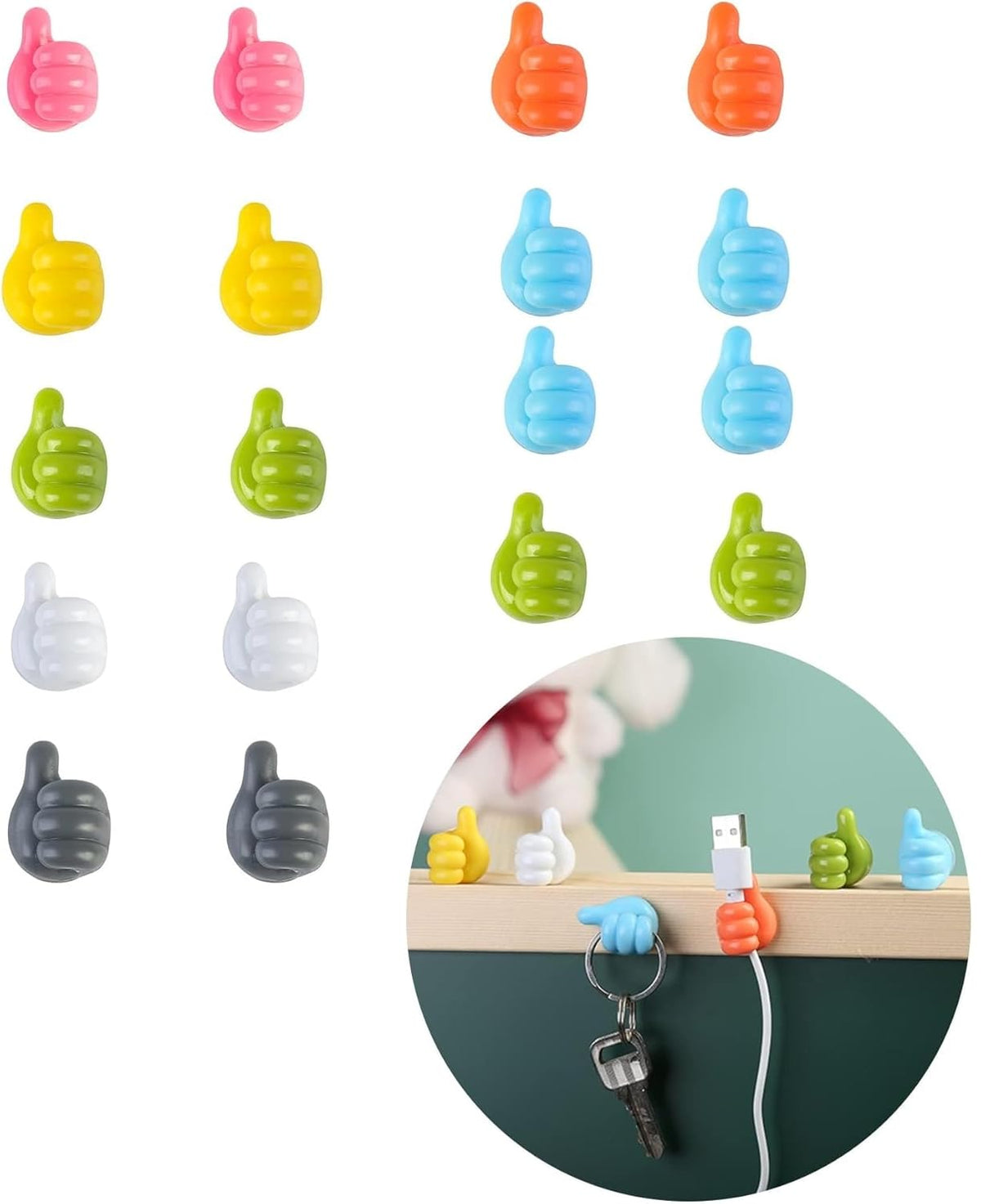Self Adhesive Thumb Wall Hooks for Hanging Cable Organizer Clips No Punching Key Hook Holder Wall Hangers Multifunctional Utility Silicone Hooks Desk Wire Management, Random Color 12Pc
