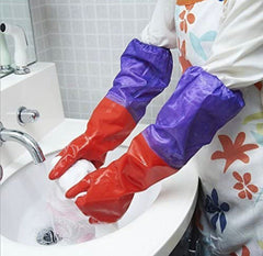 Reusable Rubber Latex PVC Flock lined Long Sleeves elbow length Hand Gloves for Kitchen Dish-Washing, Cleaning, Gardening, Laundry and Sanitation and Lab Work ( Red Long Elbow)