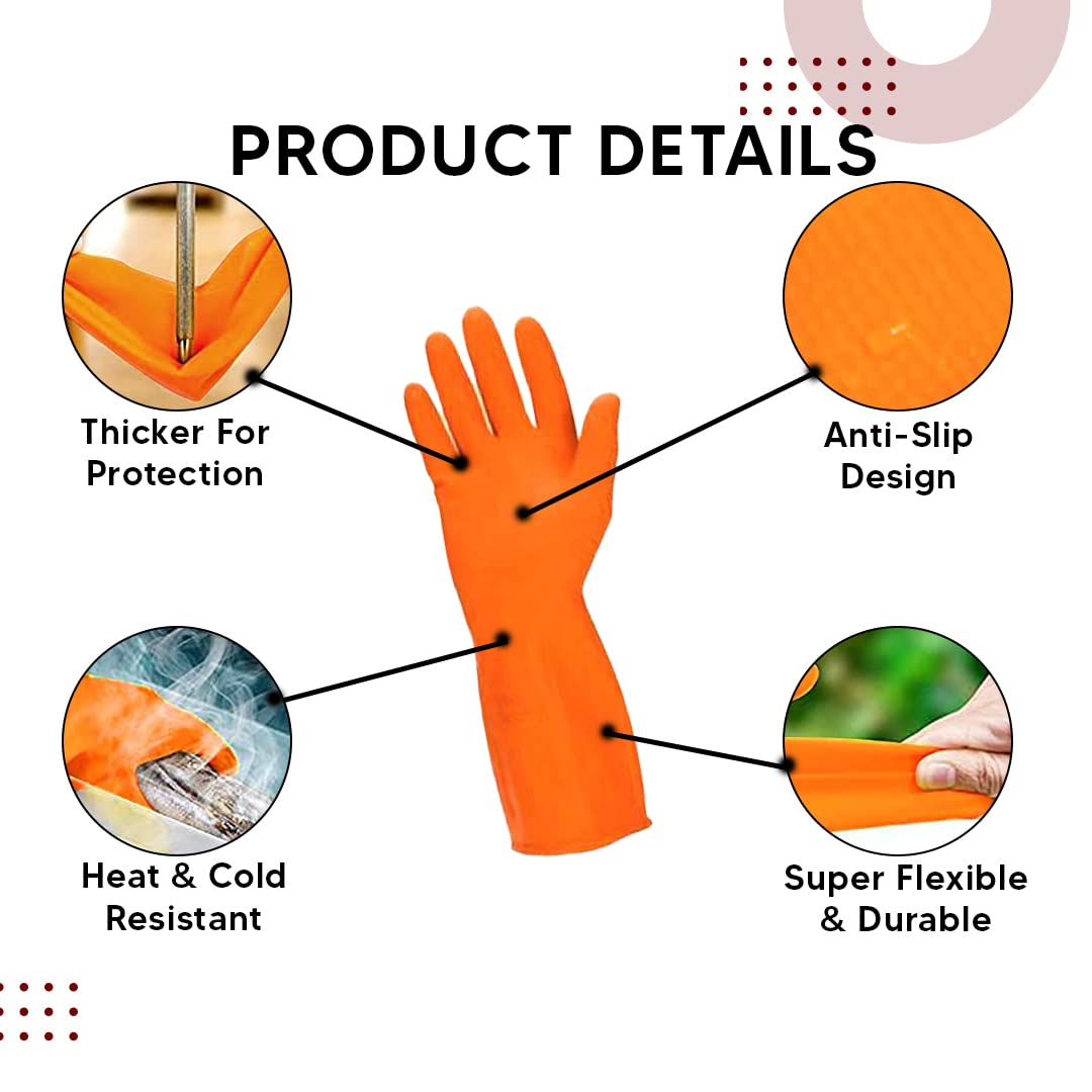 Rubber Cleaning Gloves | Reusable Gloves for Cleaning | Chemicals & Detergents Resistant | Pack of (1) |Heavy Duty Hand Gloves |Hand Gloves for Dish Washing, Gardening & Cleaning (Orange)