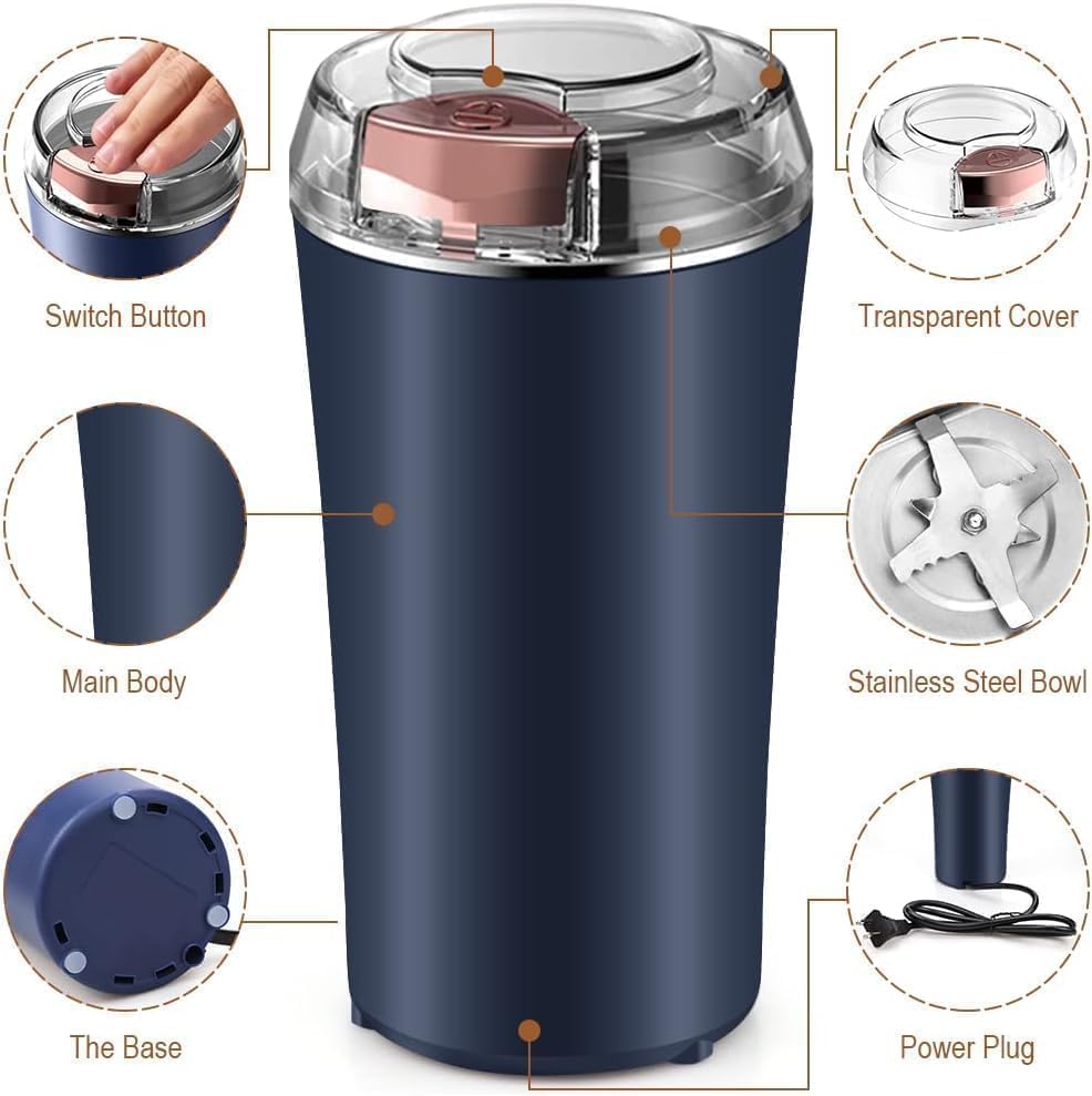 Portable Electric Coffee Grinder Spice & Coffee Bean Grinder Stainless Steel 4 Blade Mixer Grinder for Masala & Herb Push Button Control Durable Grinding Machine for Dry Item