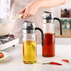 Effortless Pour 500ML Auto Flip Cooking Oil Bottle - Glass Cruet Dispenser with Non-Slip Handle for Olive Oil, Vinegar, Soy Sauce - Kitchen Essential (1 pcs)