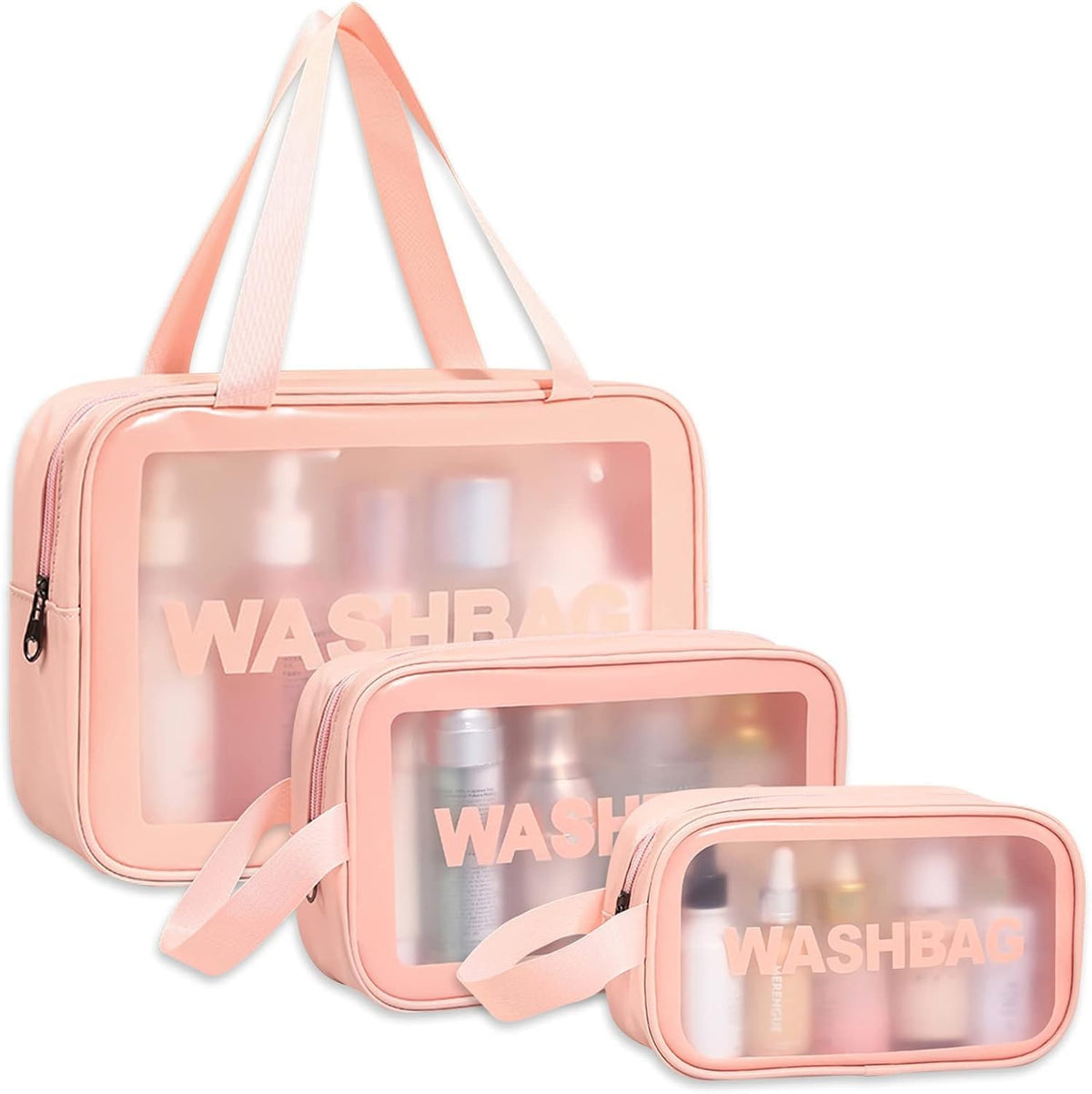 Wash Bag Pouch for Travel Kit Toiletry Bag Cosmetic Bag Make Up Box for Brushes, Accessories with Handle, Large Capacity Translucent Waterproof Travel Storage Organizer Set of 3 (Pink)