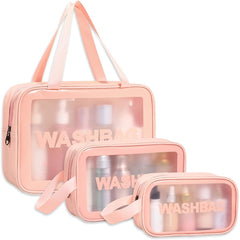 Wash Bag Pouch for Travel Kit Toiletry Bag Cosmetic Bag Make Up Box for Brushes, Accessories with Handle, Large Capacity Translucent Waterproof Travel Storage Organizer Set of 3 (Pink)