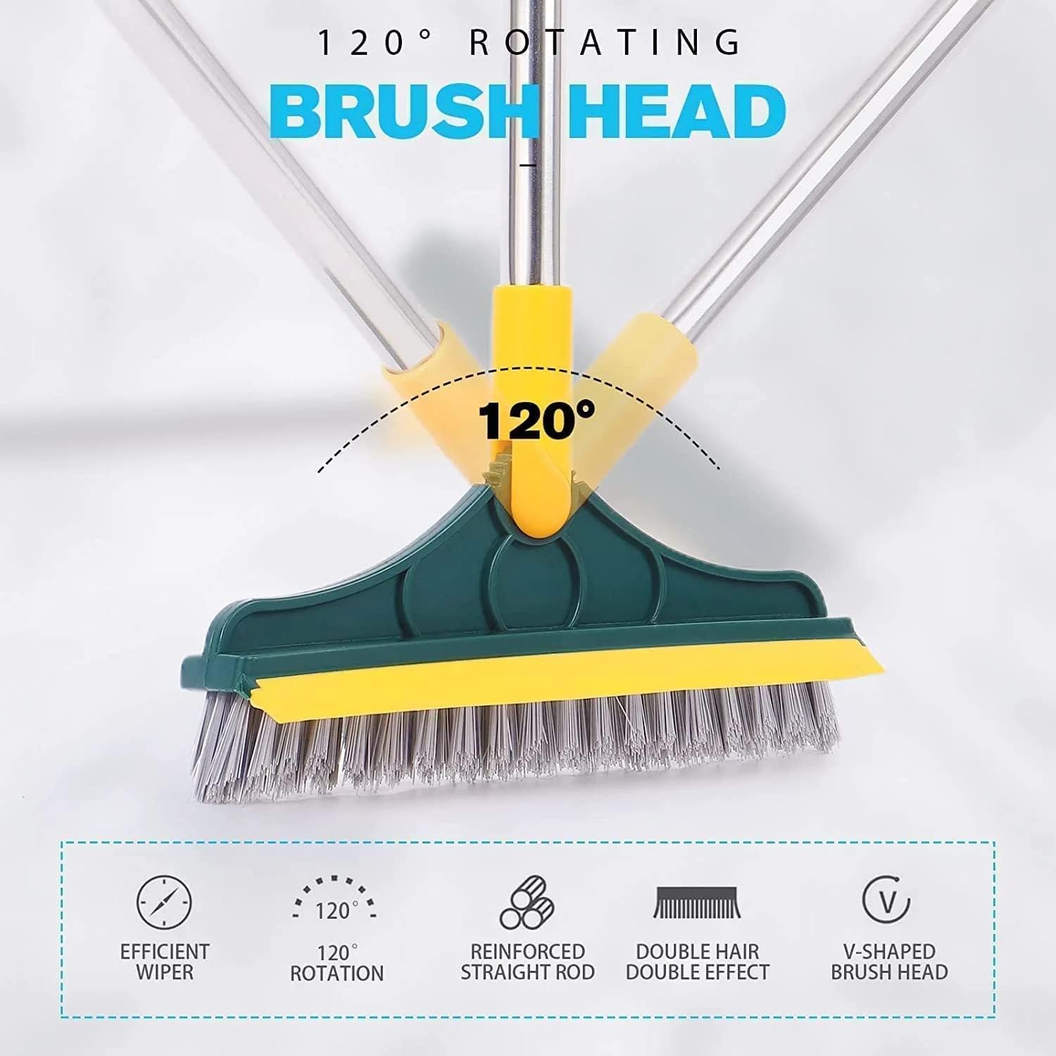 2 in 1 Floor Tiles Cleaning Brush with Wiper 120° Rotating Bathroom Kitchen Household Cleaning Squeegee Mop with Long Handle V-Shape Stiff Bristle Grout Scraper Brush (2 in 1 tile Brush)