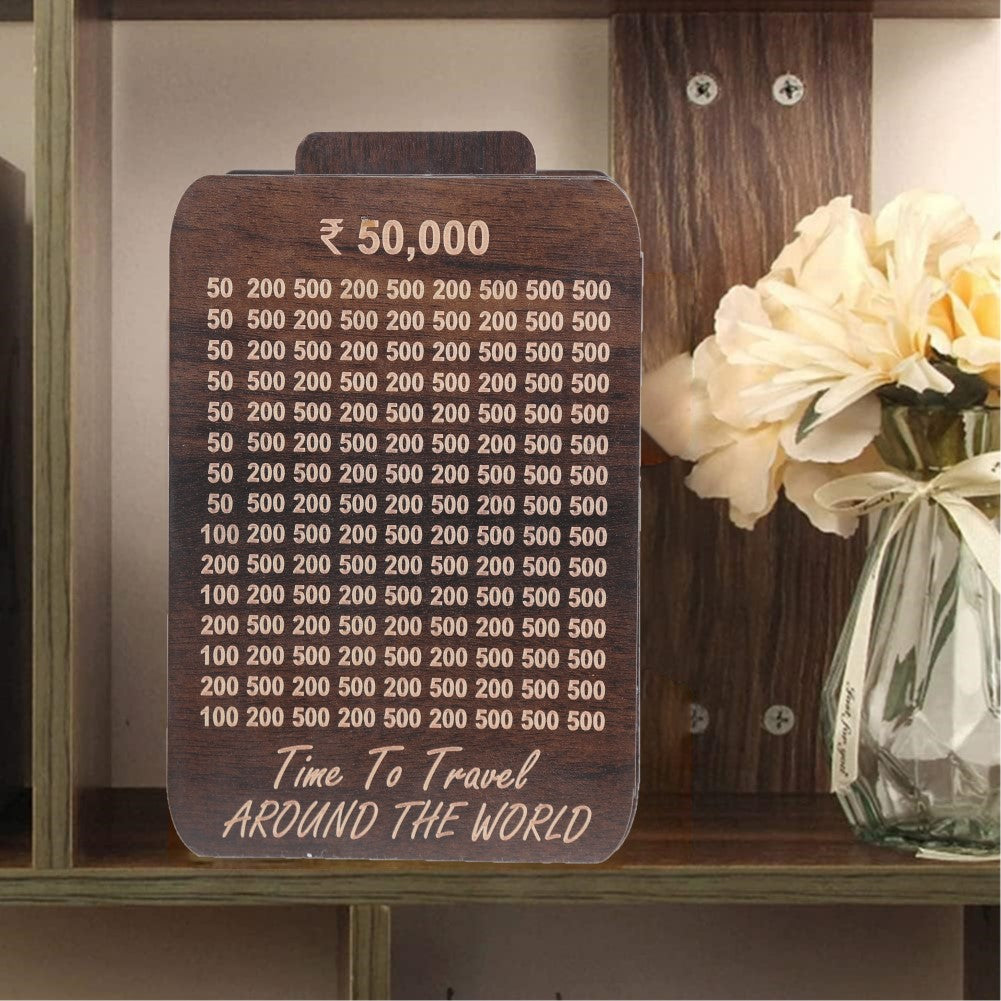 Wooden Modern Money/Piggy Bank Coin Box with Carved Design Money Collection Cash Box Cash Vault Savings Challenge Bank Donation Box Smart Gullak with Numbers & Marker -Travel