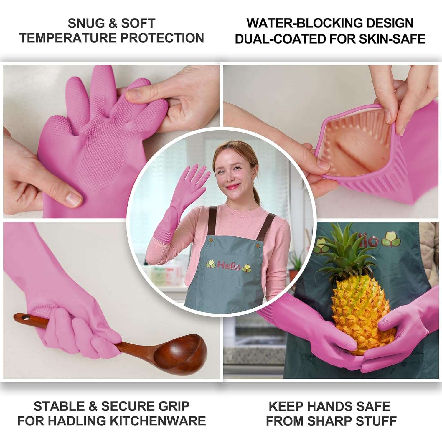 Dishwashing Cleaning Gloves Waterproof Reusable Long Elbow Hand Gloves Latex-Free Household Kitchen Gloves for Laundry, Working, Gardening, Sanitation and Lab Work (Flower Pink)