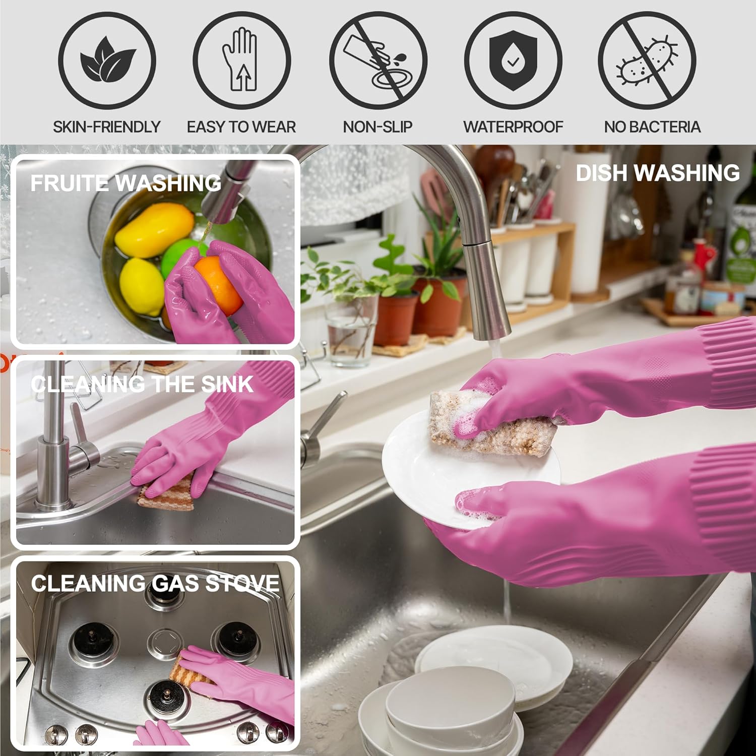 Dishwashing Cleaning Gloves Waterproof Reusable Long Elbow Hand Gloves Latex-Free Household Kitchen Gloves for Laundry, Working, Gardening, Sanitation and Lab Work (Flower Pink)