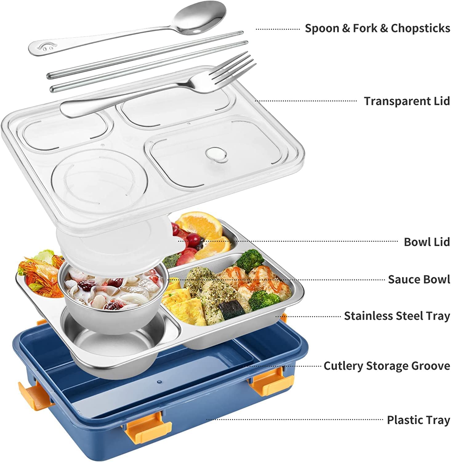 Lunch Box Sealed Leakage Proof Stainless Steel Lunch Box with Fork Chopstick&Spoon Lid Office Food Container for School Kids and Adults 750ml (4 Compartment)