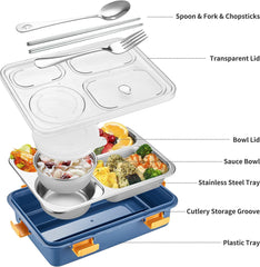 Lunch Box Sealed Leakage Proof Stainless Steel Lunch Box with Fork Chopstick&Spoon Lid Office Food Container for School Kids and Adults 750ml (4 Compartment)