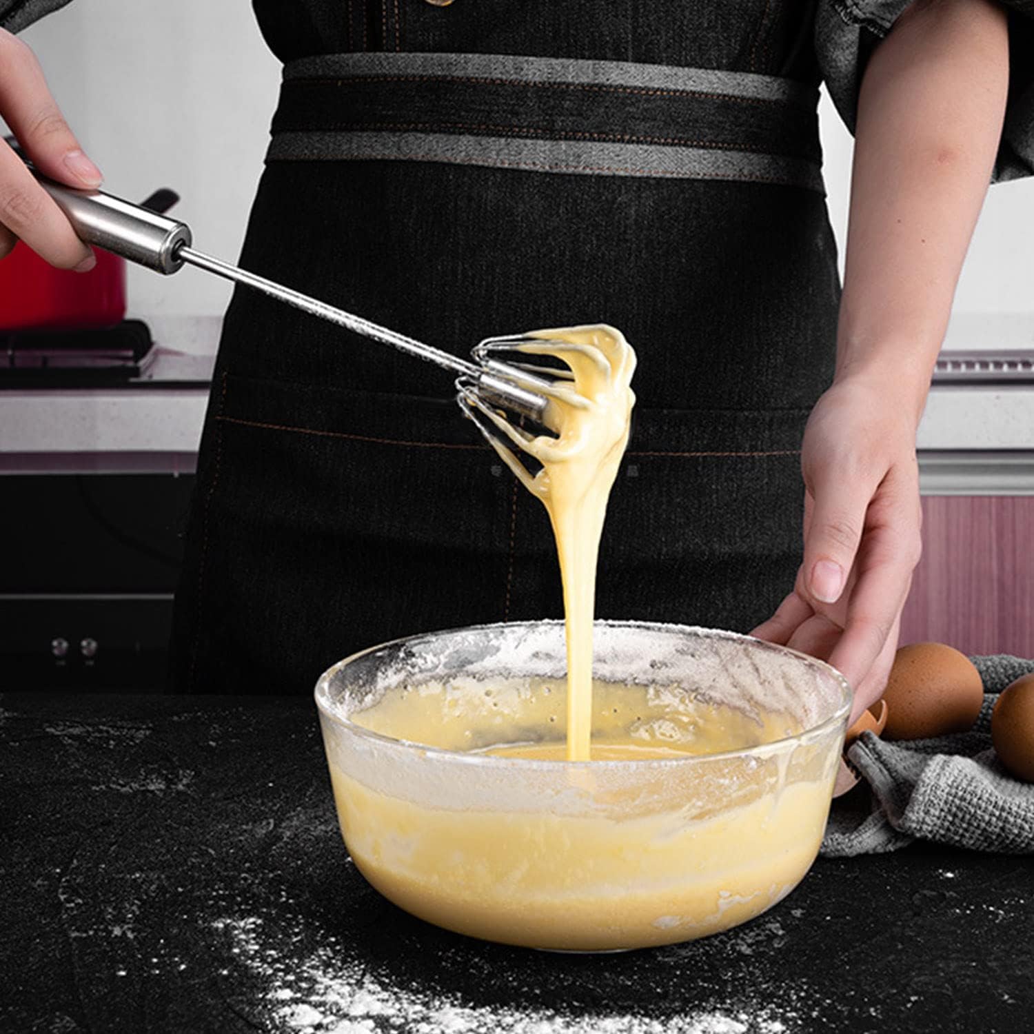 Kitchen Manual Hand Blender Automatic Egg Beater & Stirring Stainless Steel Rotating Push Whisks Mixer For Kitchen Baking/Lassi/Butter Milk Frother/Cream/Madhani/Coffee/Cake Mixing/Restaurant