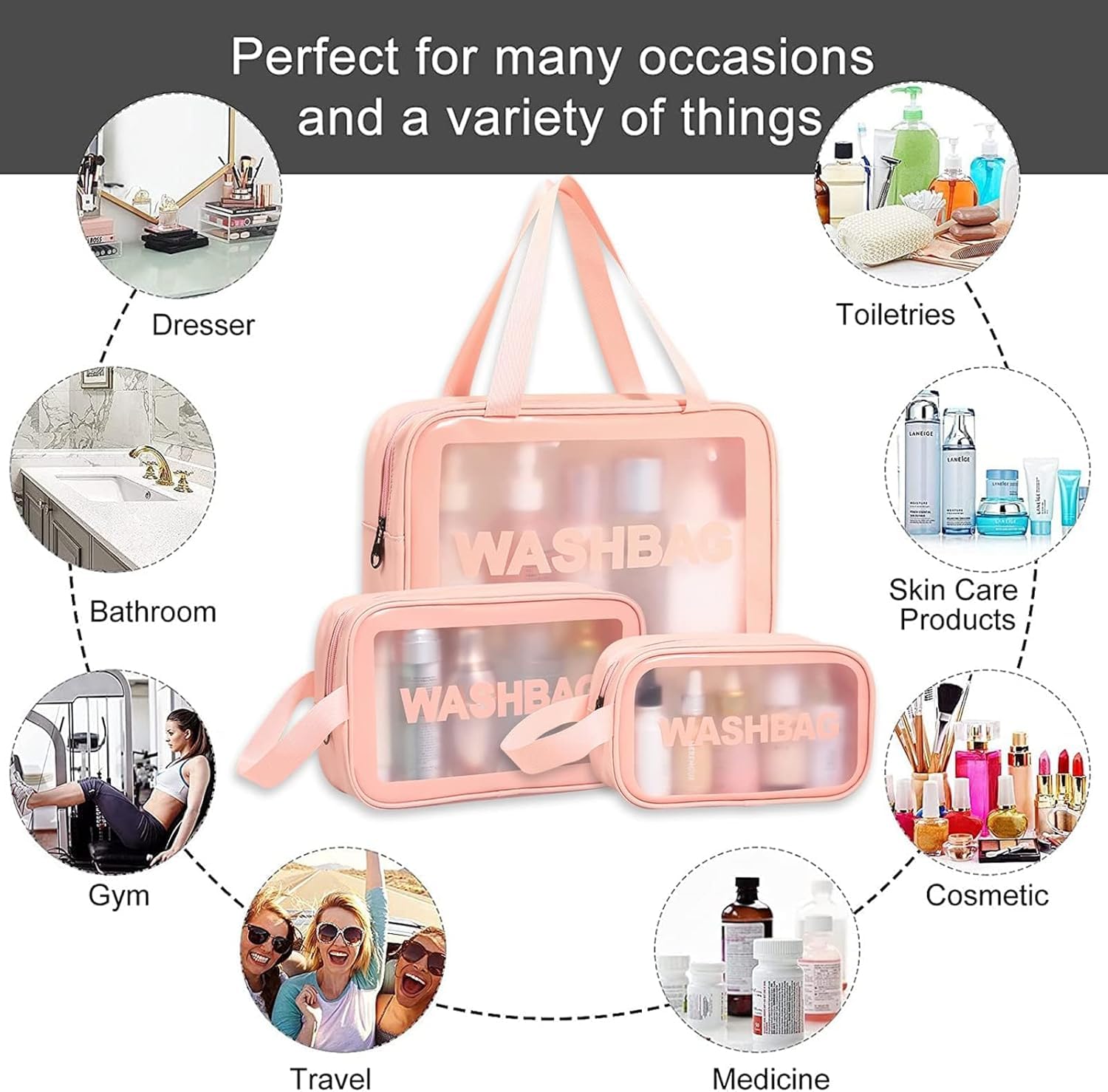 Wash Bag Pouch for Travel Kit Toiletry Bag Cosmetic Bag Make Up Box for Brushes, Accessories with Handle, Large Capacity Translucent Waterproof Travel Storage Organizer Set of 3 (Pink)