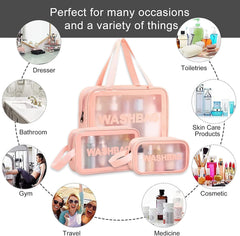 Wash Bag Pouch for Travel Kit Toiletry Bag Cosmetic Bag Make Up Box for Brushes, Accessories with Handle, Large Capacity Translucent Waterproof Travel Storage Organizer Set of 3 (Pink)