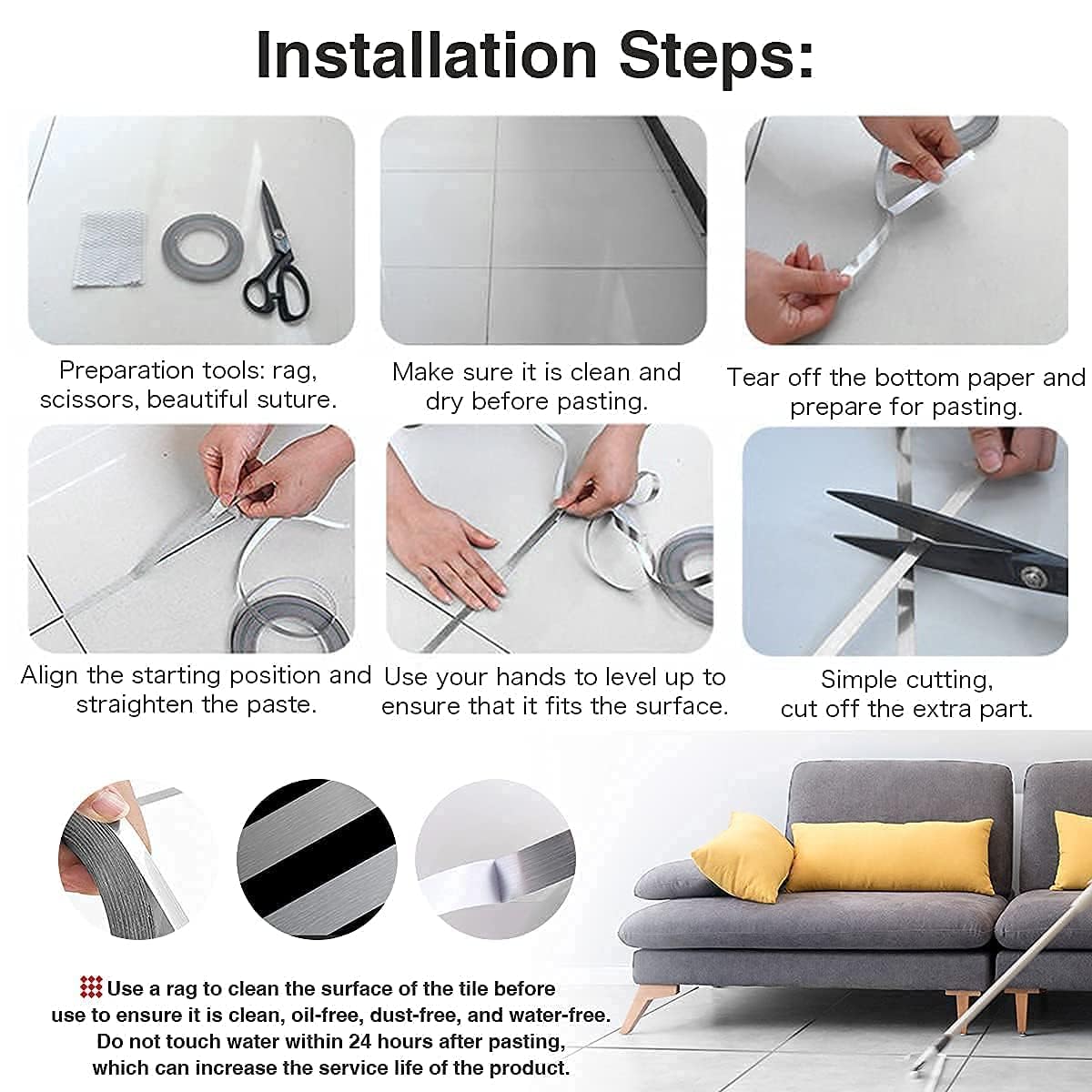 Tile Stickers Decorative Floor Wall Sticker Foil Line Peel and Stick Adhesive Waterproof Gap Cover for Kitchen Bathroom Living Room Bedroom (1pc Roll) Silver (1cm*50 miter)