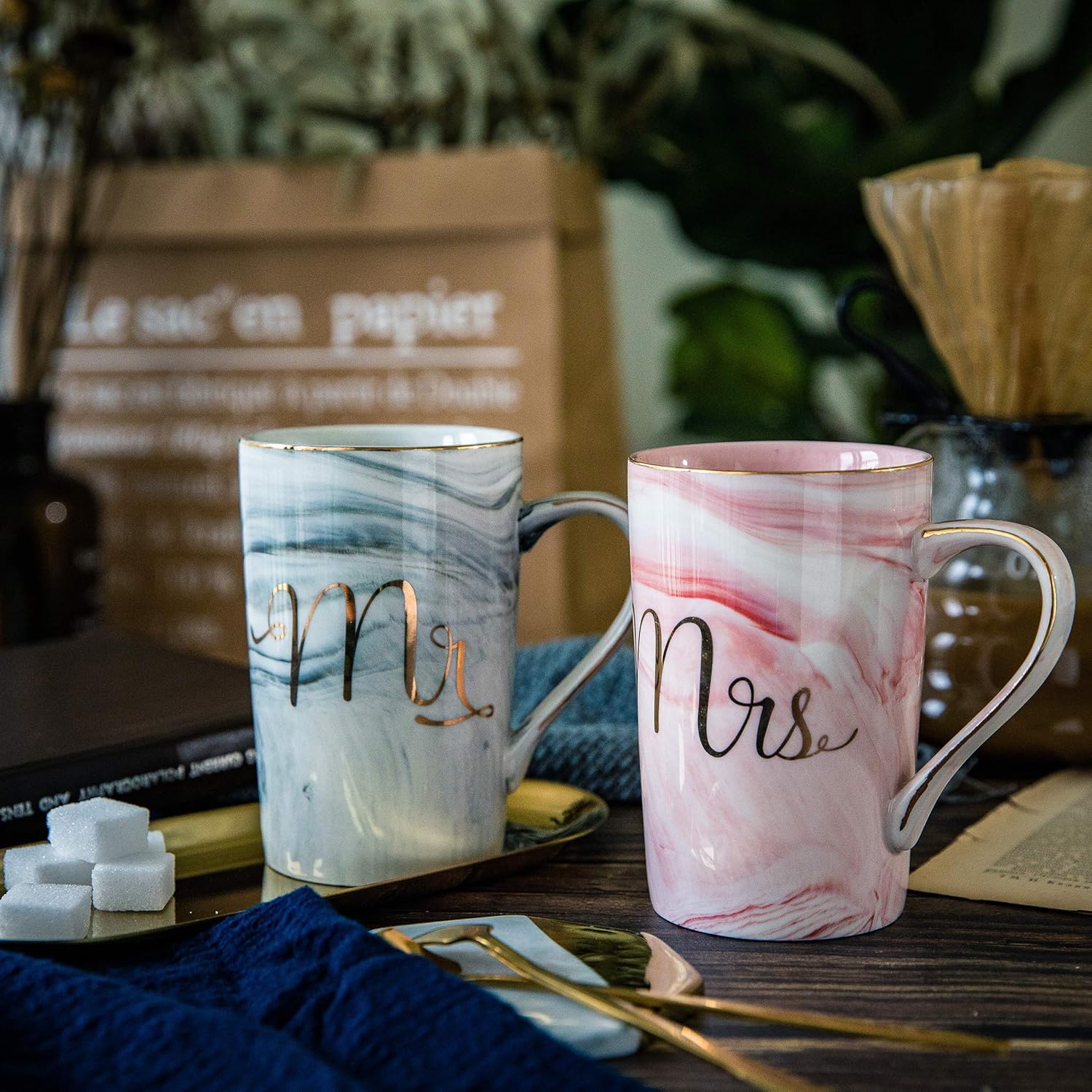 Ceramic Marble Finish Coffee Mug With Lid & Spoon For Anniversary Wedding Engagement Valentine Gifts For Couple (400 ML)