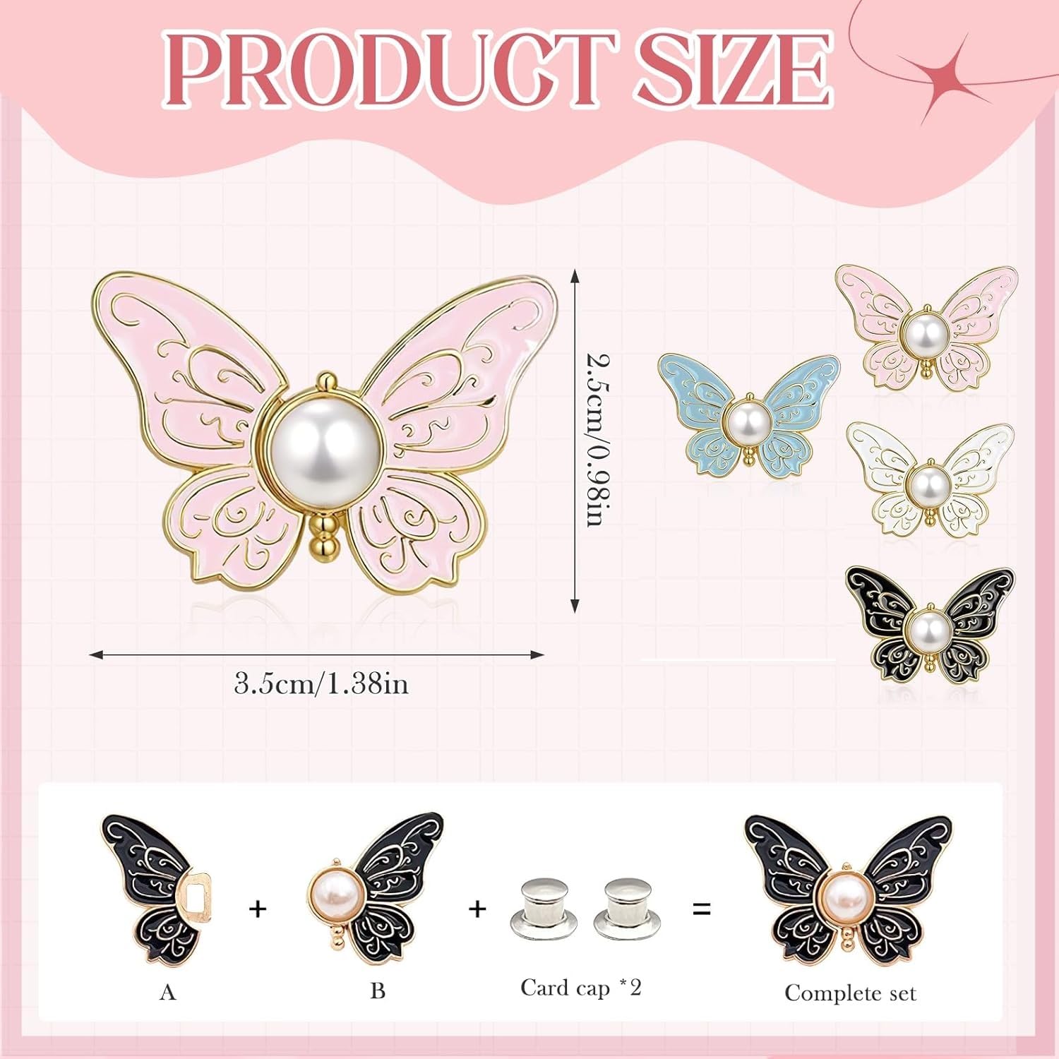 4 Sets Butterfly Jean Buttons Waist Tightener for Loose Pants, No-Sew Adjustable Waist Buckle Clips, Detachable Decorative Jean Button Pins for Women’s Jeans & Skirts